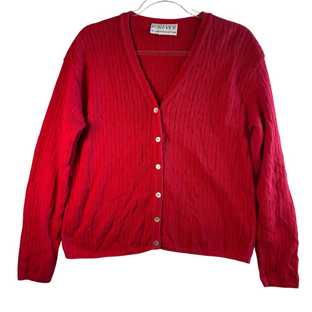 Vtg Forever Creative Cotton Cardigan Red Cable Knit Pointelle Button Front M USA